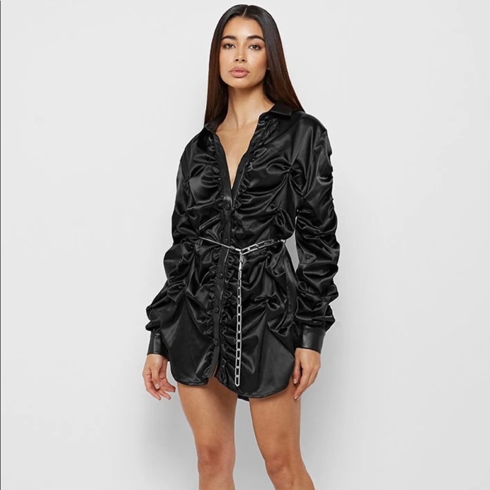 MANIERE DE VOIR RUCHED SATIN SHIRT DRESS